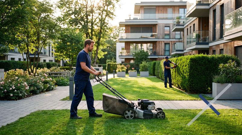 Mitarbeiter mäht den Rasen im Innenhof einer modernen Wohnanlage, im Hintergrund wird eine Hecke geschnitten.