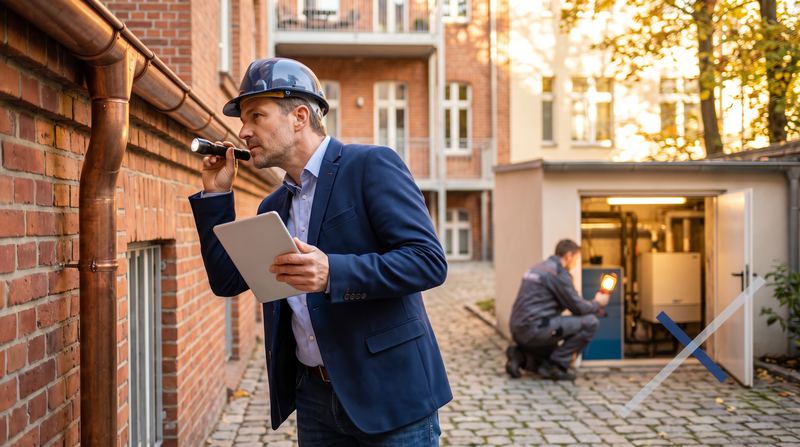 Mitarbeiter mit Helm, Taschenlampe und Tablet prüft Fallrohr und Klinkerfassade im Innenhof eines Mehrfamilienhauses