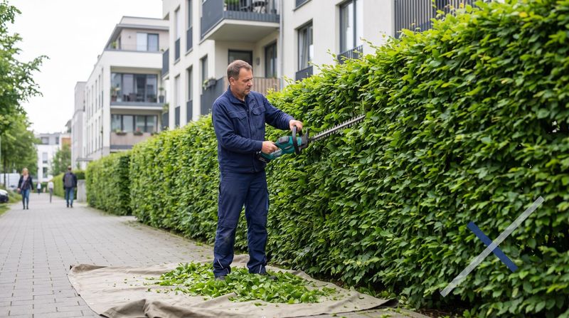 Gärtner schneidet mit der Heckenschere eine dichte Ligusterhecke entlang des Gehwegs einer Wohnanlage in Form