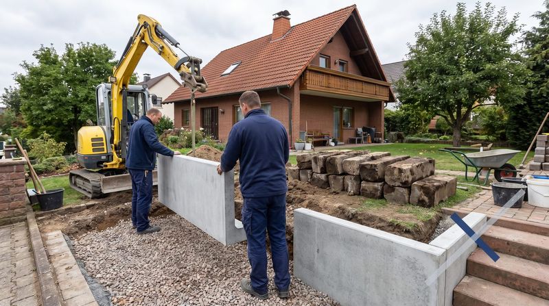 Reihe neu gesetzter grauer L-Steine aus Beton an einer Böschung, dahinter frisch verdichtete Hinterfüllung aus Kies