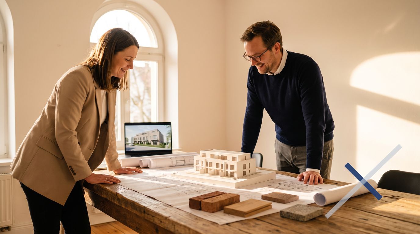 Planungsbesprechung mit Grundrissen, Architekturmodell und Materialmustern