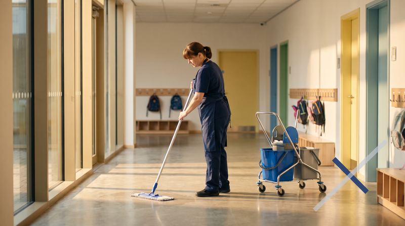 Mitarbeiterin einer Kommunalverwaltung prüft am Schreibtisch Grundrisse und ein Leistungsverzeichnis für die Gebäudereinigung