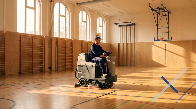 Leere Sporthalle mit hellem Sportboden, farbigen Spielfeldlinien, Basketballkorb und Reinigungsmaschine im Vordergrund
