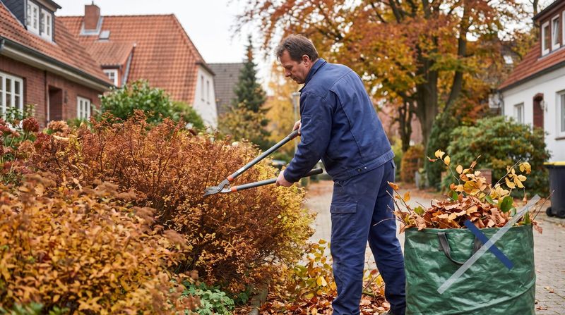 Gärtner lichtet einen Forsythienstrauch mit der Astschere aus, daneben ein gepflegtes Beet vor einem Mehrfamilienhaus.