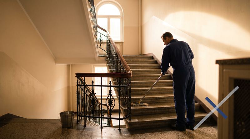 Reinigungskraft wischt die Steinstufen eines hellen Treppenhauses in einem Mehrfamilienhaus, daneben ein Handlauf