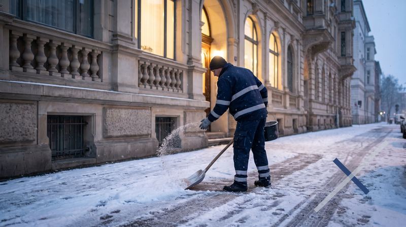 Mitarbeiter im Winterdienst räumt am frühen Morgen Schnee vom Gehweg vor einem Mehrfamilienhaus und streut Splitt